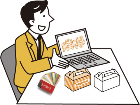 箱のコスト見直しをご提案する担当者のイラスト
